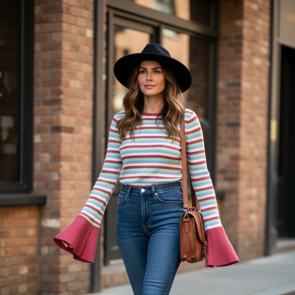 ASOS Multicolor Striped Bell Sleeve Knit Top Retro 70s Red Green Blue Size 8